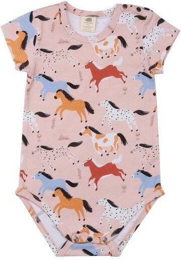 Baby Body GOTS zertifiziert – 95% Bio-Baumwolle, Rosa mit Pferde-Motiv, Kurzarm, weich & bequem | Walkiddy