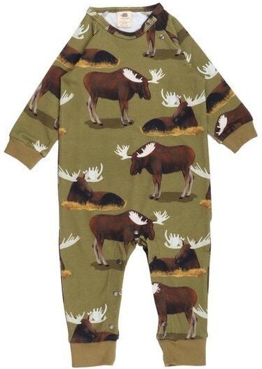 Baby Strampler GOTS-zertifiziert aus Bio-Baumwolle, grün mit Elchmotiv, langarm & langer Beinabschluss – Walkiddy, weich...