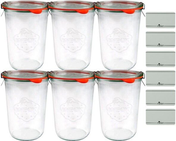 mikken 6er Set Weck Sturzgläser 80 / 140 / 160 / 290 / 370 / 580 / 850 ml Glas mit Etiketten