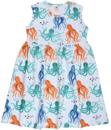 Kinder Kleid GOTS zertifiziert – Weiß mit Oktopusmotiven, ärmellos, weich & bequem | von Walkiddy