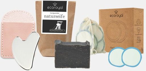 Ecoroyal Premium Gesichtspflege-Set I 10 Abschminkpads Blau + Gesichtsseife + Edelstahl Gua Sha Stein