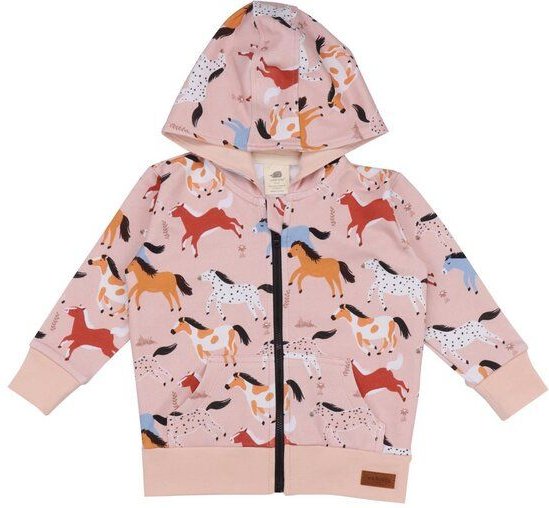 Baby Sweatjacke GOTS zertifiziert – Bio-Baumwolle, Rosa mit Pferde-Motiv, Kapuze & Reißverschluss | Walkiddy