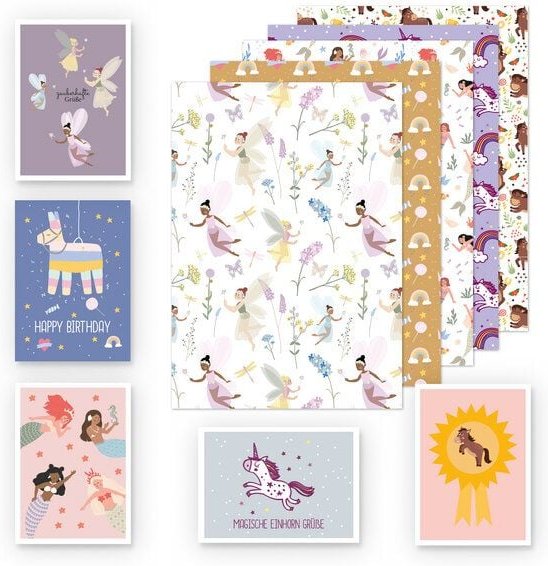 dabelino Kinder Geschenkpapier 5er Set: Pferd, Einhorn, Meerjungfrau, Fee, Lama