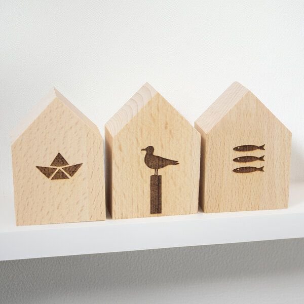 Bow & Hummingbird 3er Set Deko-Holzhäuschen Schiffchen-Möwe-Fische
