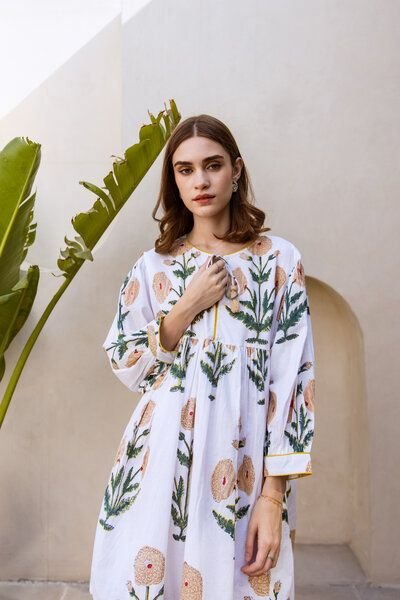 Thumbnail - Haus of Namaste Ballonkleid kurz aus Bio-Baumwolle „Marigold Kurzkleid“ , handbedruckt mit veganen Farben
