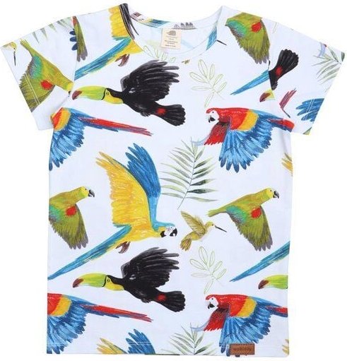 Baby T-Shirt GOTS zertifiziert Bio-Baumwolle, Blau, Regenwald-Vögel Muster, Walkiddy