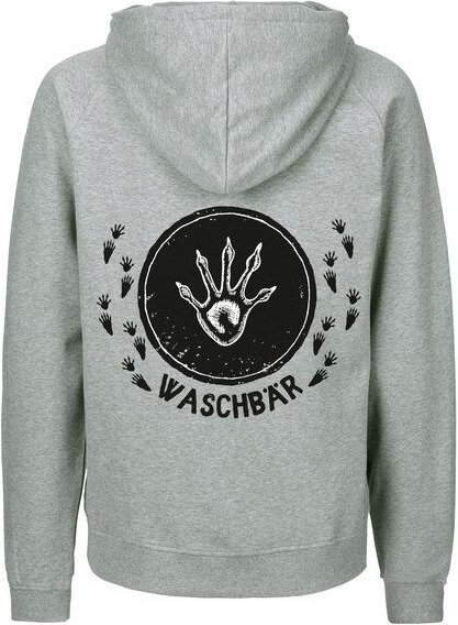HANDGEDRUCKT "Trittsiegel WaschBär" Männer Zip Hoody aus reiner Biobaumwolle (kbA)