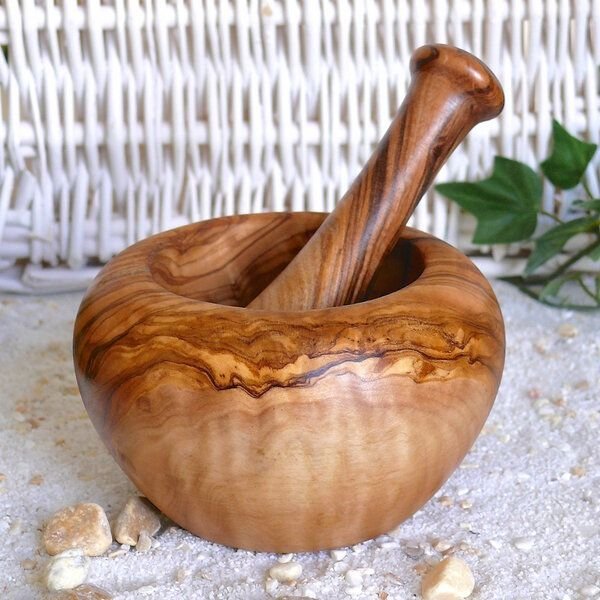 Thumbnail - Olivenholz erleben Mörser RUND inkl. Stößel (ca. 12 cm) aus Olivenholz