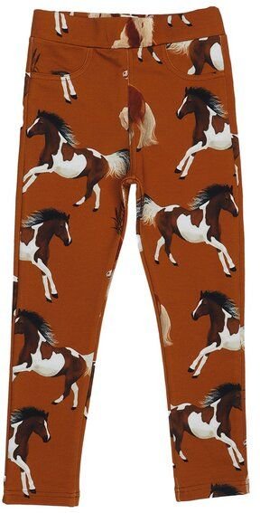 Kinder Sweat-Leggings GOTS-zertifiziert aus Bio-Baumwolle, braun mit Pferde-Print, elastischer Bund – Walkiddy, weich & ...