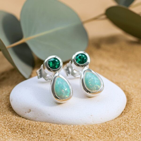 Spirit of Island 925 Silber Ohrstecker Opal trifft Smaragd |Geburtsstein Mai & Oktober