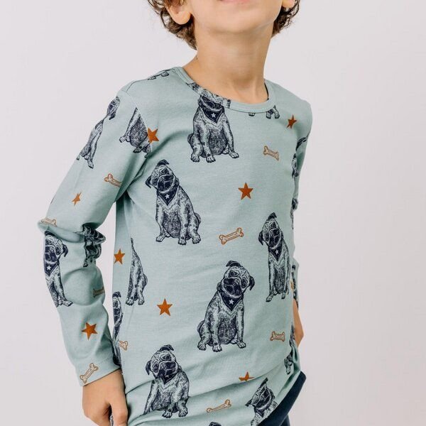 Kinder Langarmshirt Bio-Baumwolle GOTS "Crazy Dogs" blau – veganes, fair produziertes Walkiddy Shirt mit Hundemotiv, wei...