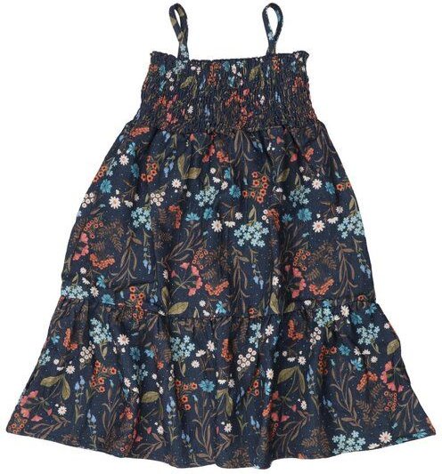 Kinder Trägerkleid GOTS zertifiziert, dunkelblau, „Floral Night“ Blumen-Allover, weich – Walkiddy