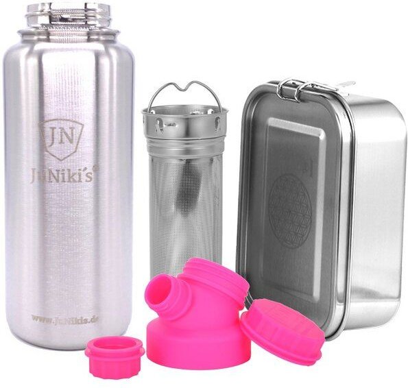 JN JuNiki's Set "Blume des Lebens": Lunchbox + 1 Liter Edelstahltrinkflasche + Teefilter