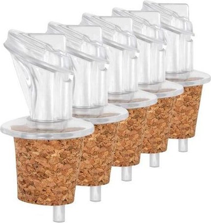 Kork-Deko 5er-Pack Kunststoff-Ausgießer mit Kork-Stopfen | schmal | geeignet für Öl, Essig, Spirituosen oder Liköre