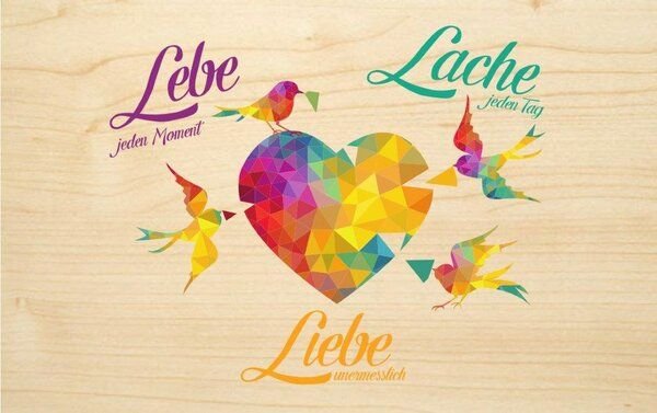 Biodora Bunte Holz-Grußkarte "Lebe Liebe Lache "