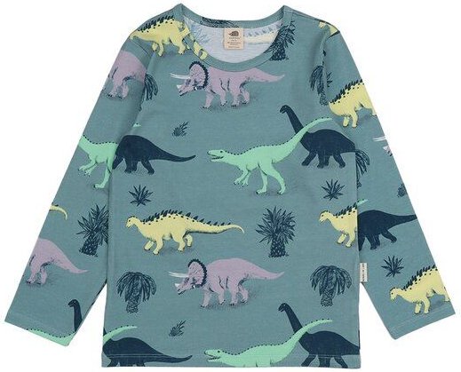 Kinder Langarmshirt GOTS zertifiziert – Bio-Baumwolle, Blaugrün mit Dinosauriermotiv, weich & bequem | Walkiddy