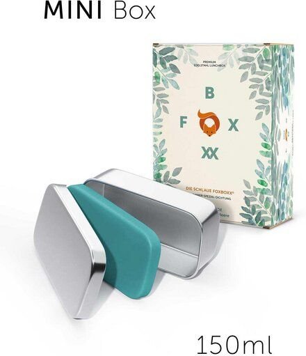 FOXBOXX ÖKO Edelstahl Snackbox 150ml mit 2 Deckel (BIO Silikon türkis + Metall) dicht