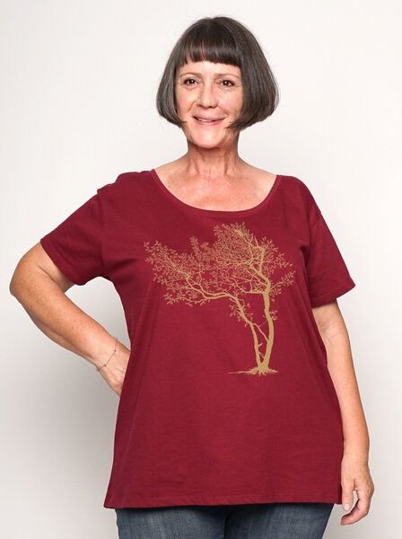 Peaces.bio - handbedruckte Biomode Bio-Damen-Loosefit-T-Shirt Fancy Tree