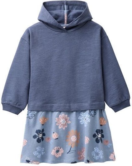 People Wear Organic Sweat Kleid, blau uni und blau bedruckt "große Herbstblumen", Bio-Baumwolle