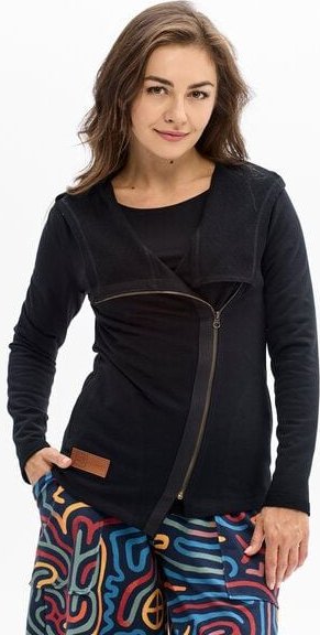 Thumbnail - KOKOworld Hoodie Moluki Schwarz – Asymmetrischer Reißverschluss – mit Kapuze & Taschen – Bio-Baumwolle – nachhaltig & fa...
