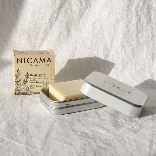 NICAMA Plastikfreies Seifen-Set: Seife + Seifendose mit Abtropfschale