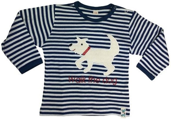 Pat und Patty Gestreiftes Kinder Langarmshirt aus Bio-Baumwolle „Hund“ blau/weiss ,HUD-9
