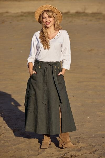 Thumbnail - Midi-Rock Madu – 100% Leinen – Safari-Stil mit Taschen & asymmetrischem Schnitt – Fair produziert in EU – KOKOworld