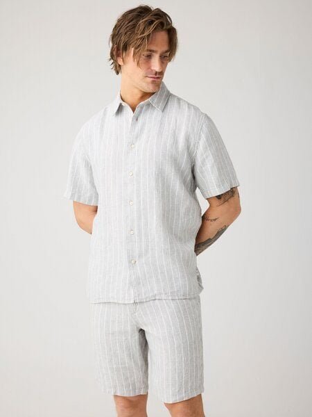 KnowledgeCotton Apparel Lockeres Kurzarmhemd Pinstriped aus Bio-Leinen