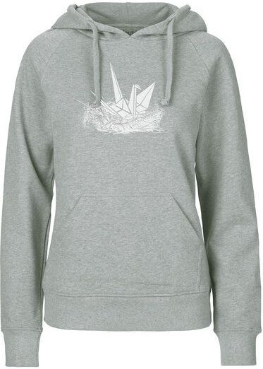 HANDGEDRUCKT "Origami-Kranich" Frauen HOODY aus reiner Biobaumwolle (kbA)
