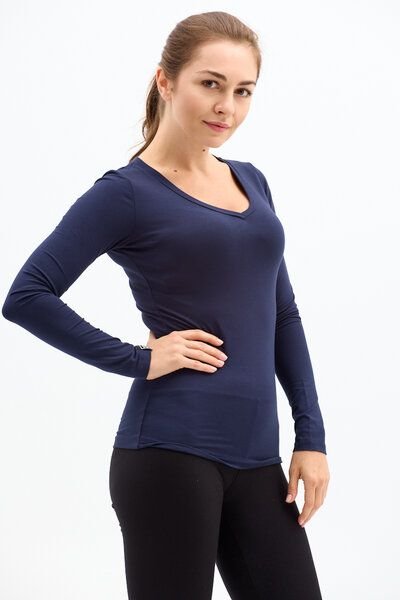 Thumbnail - KOKOworld Shirt Amal – elastisch und körpernah – perfekt für Yoga und Alltag – V-Ausschnitt vorne und Print-Dreieck am R...