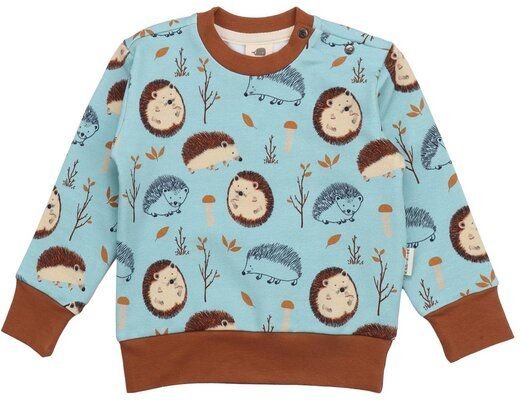 Kinder Sweatshirt GOTS-zertifiziert aus Bio-Baumwolle, hellblau mit Igel-Allover, braune Rippbündchen – Walkiddy, weich ...