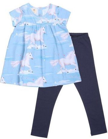 Baby Kleid Set GOTS zertifiziert, 95% Bio-Baumwolle, hellblau, Pferde-Muster „White Horses“, Kurzarm + Leggings – Walkid...