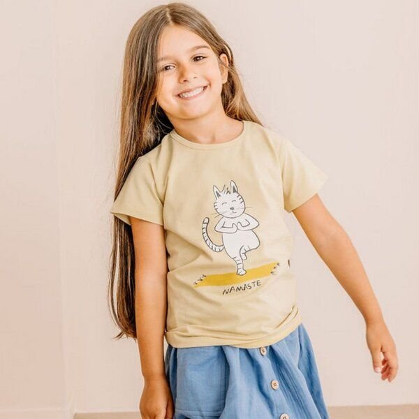Cotokids Kinder T-Shirt GOTS zertifiziert, beige, Katzen-Print, Bio-Baumwolle, weich – Walkiddy