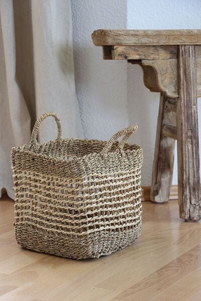 GLOBO Fair Trade Seegraskorb SEN Palmblatt und Seegras, 20-40cm, quadratisch mit Griffen