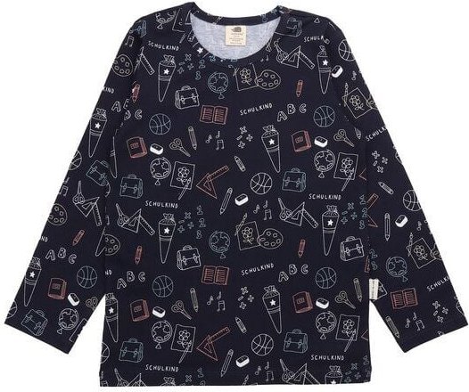 Kinder Langarmshirt GOTS zertifiziert, dunkelblau, „Schulanfang“ Allover, Bio-Baumwolle, weich – Walkiddy