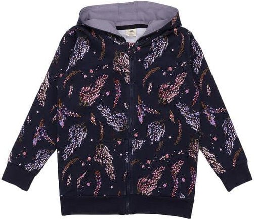 Kinder Sweatjacke GOTS zertifiziert, Bio-Baumwolle, „Heide“, dunkel mit Blumenmuster, Kapuze, Reißverschluss – Walkiddy