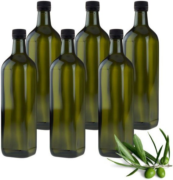 mikken 6er Set Ölflaschen 100 ml - 750 ml mit Ausgießer braune / grüne Glasflasche mit Dosierer Dosierflasche inkl. 6 Et...