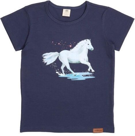 Kinder T-Shirt Bio-Baumwolle White Horses Dunkelblau Walkiddy, GOTS-zertifiziertes Kurzarmshirt, vegan, weiches Pferde-S...