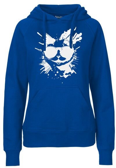 HANDGEDRUCKT "Cool Cat" Frauen HOODY aus reiner Biobaumwolle (kbA)