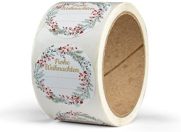 Fines Papeterie 50 Aufkleber * WEIHNACHTSKRANZ * 5cm rund * auf Rolle * Recyclingpapier * verschiedene Motive