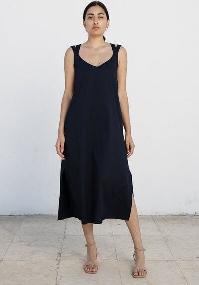 Thumbnail - Studio Hertzberg DUNKELBLAUES MAXIKLEID "O-TERRE" AUS BIO BAUMWOLLE