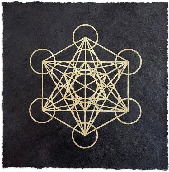 Veskor Cassiopeia METATRON WÜRFEL Heilige Geometrie Linoldruck | 21,5 × 21,5 cm | Gold auf Schwarz