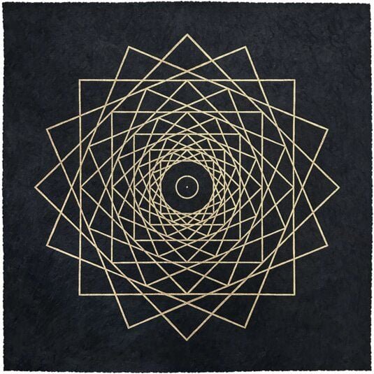 Thumbnail - Veskor Cassiopeia WHIRLING SQUARES Heilige Geometrie Linoldruck | 40 x 40 cm | Gold auf Schwarz