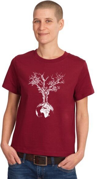 Life-Tree Shirt aus Biobaumwolle Fairwear für Damen "Weltenbaum" in Burgundy Rot/Natural Weiß