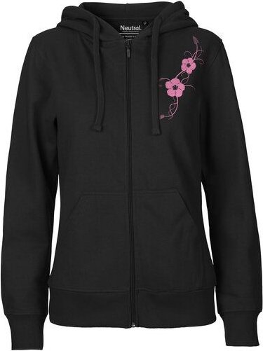 HANDGEDRUCKT "Hibisken" Frauen Zip-HOODY aus reiner Biobaumwolle (kbA)