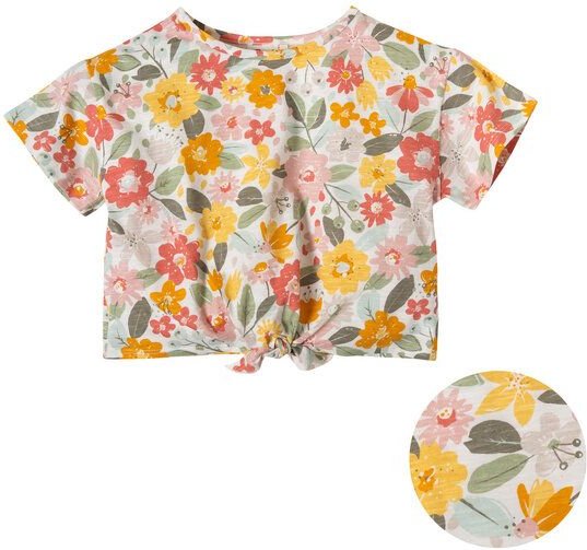 People Wear Organic Kurzarmshirt mit Knotendetail, bedruckt mit Dschungelblumen , aus Bio-Baumwolle