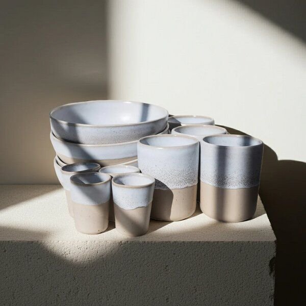 EDDA stoneware Breakfast Geschirr Set Aalina - Weiß und Beige aus Steingut (handgemacht)