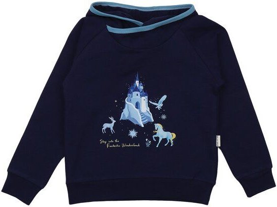 Kinder Kapuzenpullover GOTS-zertifiziert aus Bio-Baumwolle dunkelblau mit Fantasie-Motiv „Wonderland“ – Walkiddy