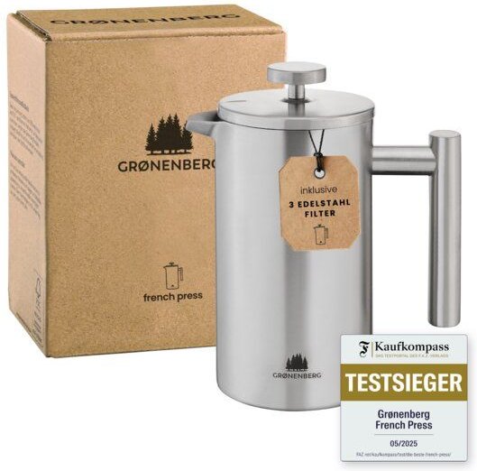 GROENENBERG Edelstahl French Press 0,35 - 1 Liter | mit Thermo-Effekt | Inkl. Ersatzfilter