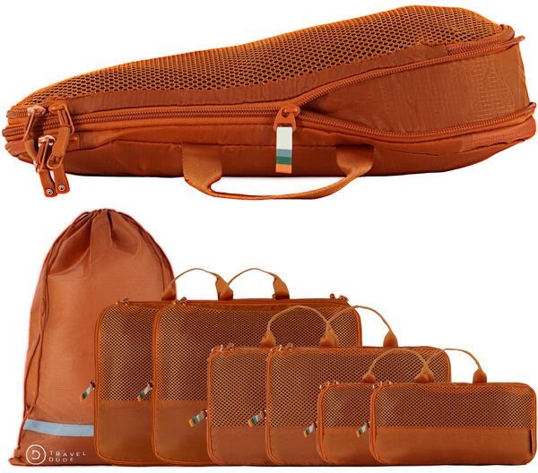 TRAVEL DUDE Packing Cubes, Packtaschen, Packwürfel, Kofferorganizer mit Kompression aus recycelten Plastikflaschen